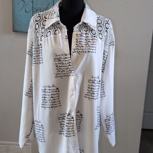 Nora Cora Women's White Button-Up Shirt with Black Script Size Large